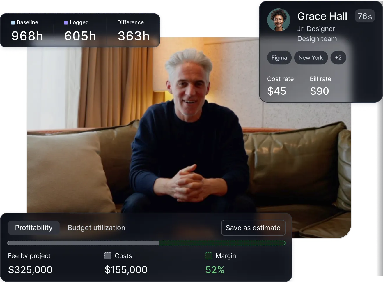 Float founder Glenn sitting on a couch surrounded by dashboard metrics such as profitability metrics, hours logged and a designer's profile